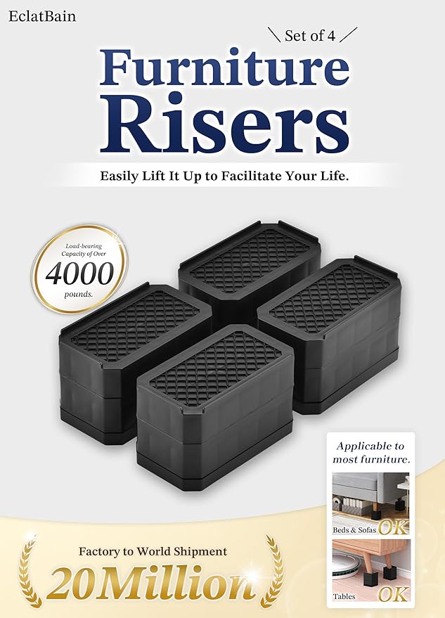 Rectangle Bed Risers Furniture Risers Heavy-Duty Rectangular Adjustable Block Lift to 3 inches and 4.3 inches Desk, Sofa, Chair Legs, Support up to 4000 pounds WH-2