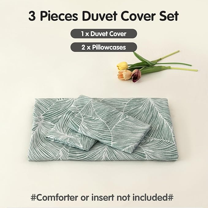 Lekesky Emerald Green Duvet Cover Queen Size, Reversible Queen Comforter Cover with Tropical Leaves Pattern, Soft 100% Washed Microfiber 3 Pieces Green Bedding Set with Zipper and 2 Pillowcases