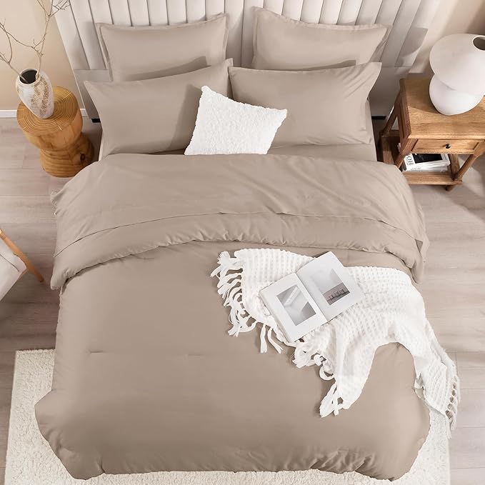 Litanika California King Comforter Set Light Coffee - 7 Pieces Bed in a Bag Cal King Beddding Sets, Plain Lightweight Bed Set with Comforter, Sheets, Pillowcases & Shams