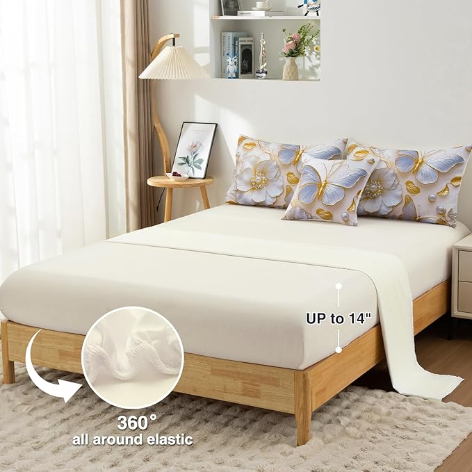 A Nice Night Full 6pcs Bed in A Bag Glod Dreamy 3D Butterfly Printed, Pearl Flower Design Butterflies Bedding Full Comforter Set, for Girls Kids Teens