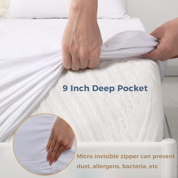 Zippered Split King Mattress Protector, 39" x 80" (2PCs) Soft Terry Surface Mattress Encasement, Absorbent 6-Side Waterproof Mattress Cover, 9 Inches Deep, Hypoallergenic & Noiseless