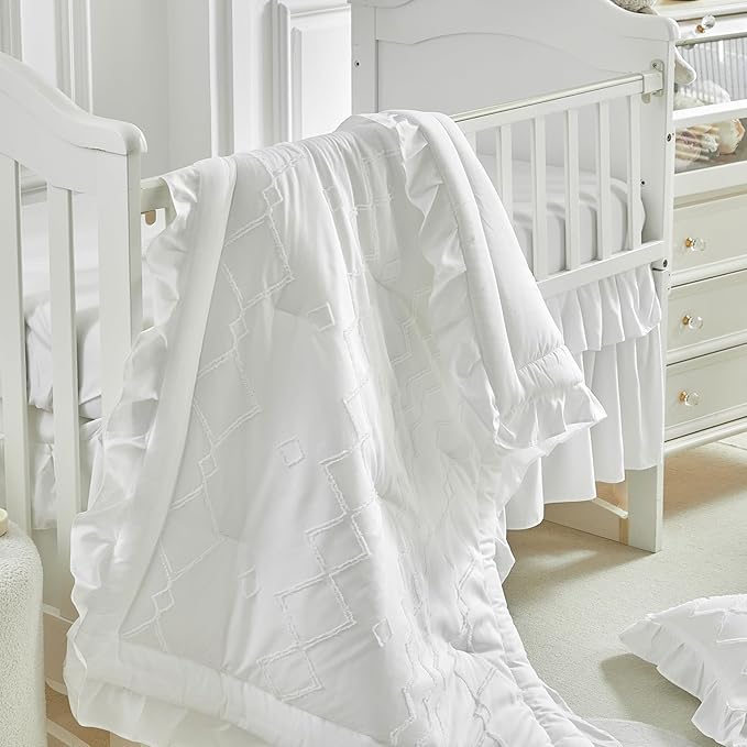 AIKASY The Ruffled Shabby Crib Bedding Set for Girls, Baby Quilted Comforter with Fitted Sheet, Bed Skirt, and Pillowcase（White）