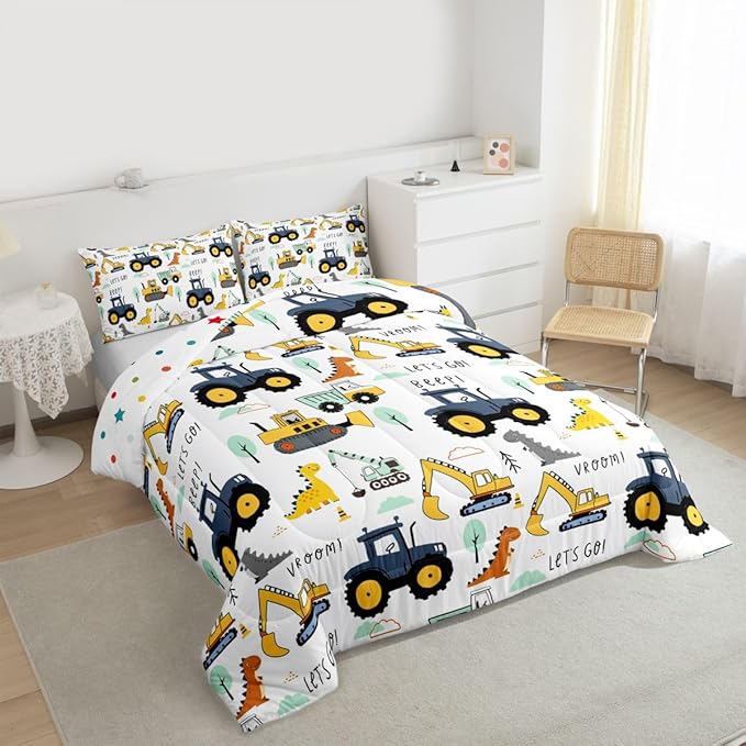 Cartoon Car Kids Comforter Set King, Excavator Tractor Bedding Set for Child Teens, Dinosaur Comforter Equipment Truck Quilted Duvet, Heavy Machinery Construction Bedding Comforter with 2 Pillowcases