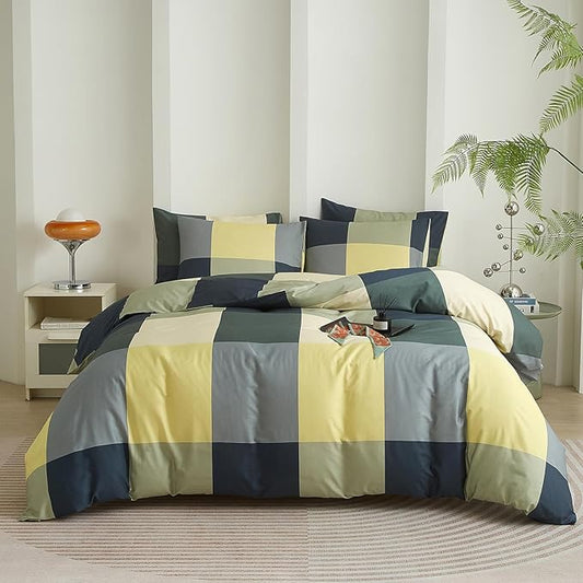 mixinni Checkered Geometric Duvet Cover Set - Full Size, 3-Piece 100% Cotton Bedding Set, Soft & Breathable Plaid Design with Zipper Closure, Reversible Comforter Cover for All Seasons