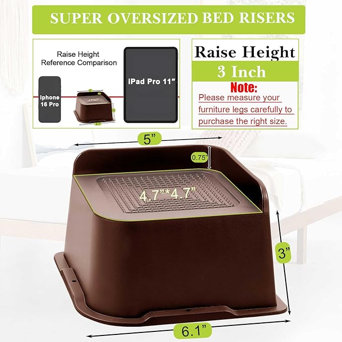 Bed Risers 1 inch, 2 inch, 3 inch, 4 inch, 6 inch, 8 inch Heavy Duty, Oversized Furniture Riser for Couch Sofa Table Chair Leg Frame Dorm, Support up to 6000 Lbs (Chocolat Brown 4 Pack, 3 inch)