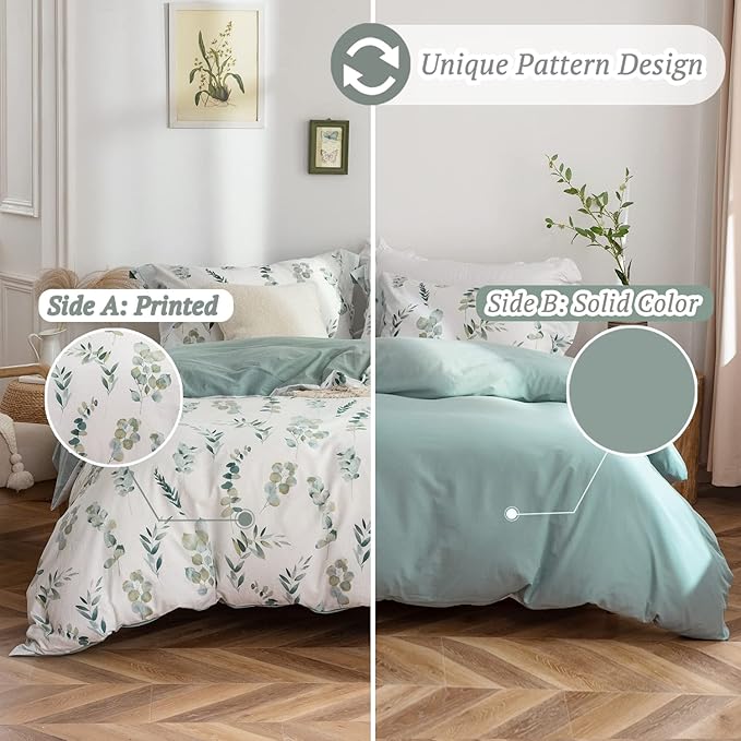 MILDLY Duvet Cover Queen Size - 100% Washed Cotton Sage Green Eucalyptus Reversible Floral Duvet Cover Set 3 Pieces with Zipper Closure Corner Ties