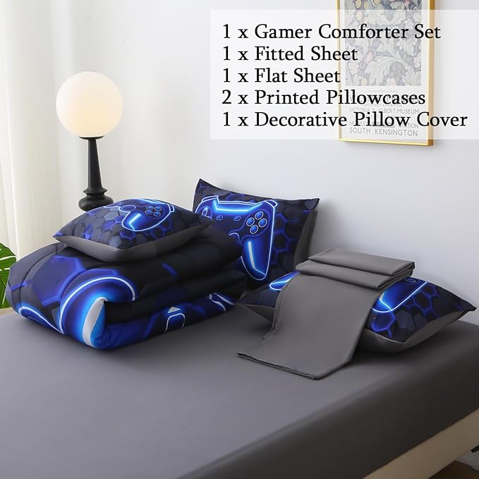 JQinHome Twin Size Gaming Bedding Set 6-Piece Comforter for Boys Teens - 3D Video Game Print Bed in a Bag with Sheets, Blue Cool Black Design (Twin)