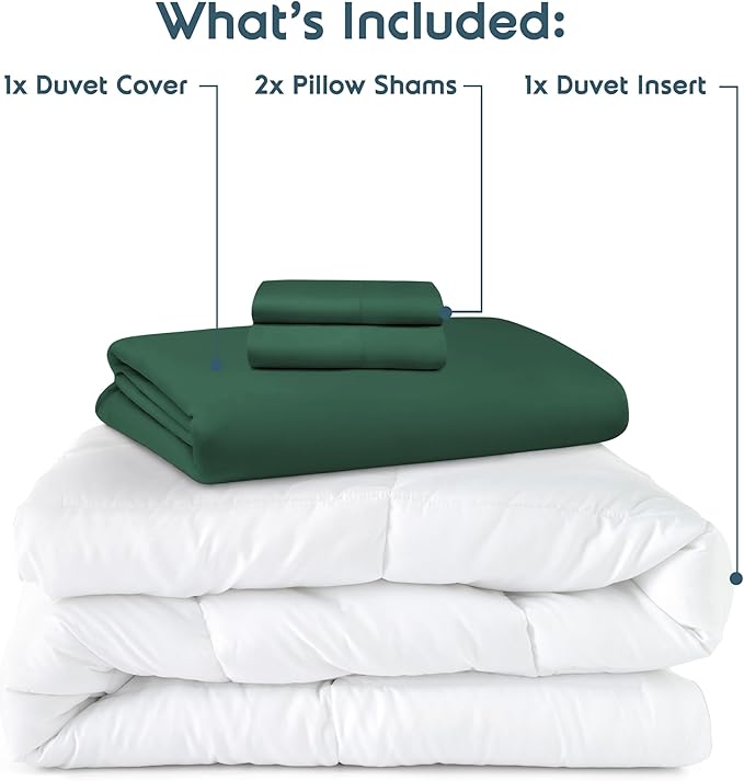 Nestl California King Duvet Cover Set with Comforter Insert - Dark Green 4 Piece 104x98 Duvet Cover & 2 Pillow Shams with White Quilted Down Alternative Comforter, Ultra Soft, All Season