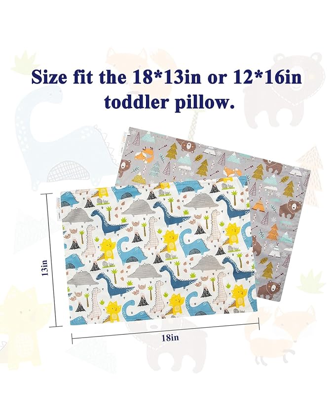 ALVABABY Toddler Pillowcases 2 Pack Organic Cotton Kids Pillow Cover Fit 13"x 18" or 12"x16" Envelope for Girl Boy Sleepy Travel Dinosaur Bear(Pillowcase Only)