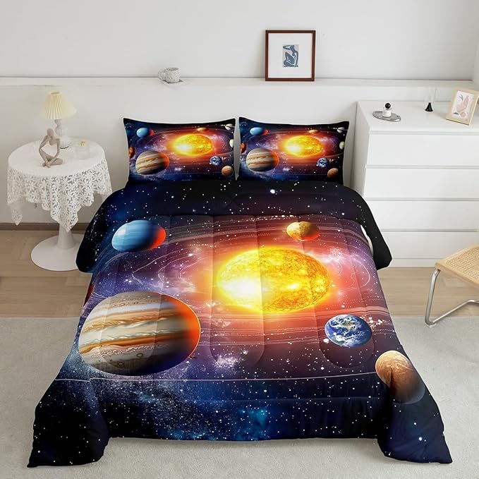 Erosebridal Solar System Bedding Set King Galaxy Space Comforter Set for Kids Boys Toddler Outer Space Room Decor Nebula Planets Orbit Comforter Celestial Universe Stars Quilt Duvet 2 Pillowcases
