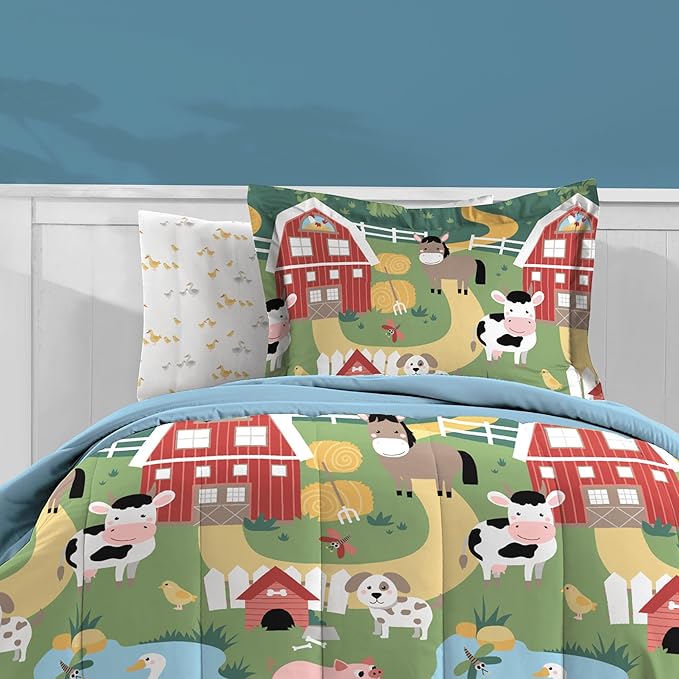 Dream Factory Kids 7-Piece Complete Bed Set Easy-Wash Super Soft Microfiber Comforter Bedding, Full, Multi Barnyard Animals