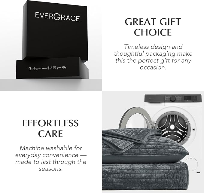 EVERGRACE Velvet Quilt Set Queen Size, Luxurious Soft Striped Channel Bedding Set, Lightweight Velvet Comforter for All Season, Oversized Bedspread Coverlet with 2 Matching Shams, Charcoal Gray