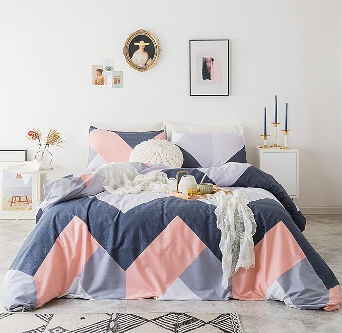 YuHeGuoJi Pink Blue Duvet Cover Queen 100% Cotton 3 Pcs Set 1 Modern Navy Geometric Duvet Cover with Zipper Ties 2 Pillowcases Farmhouse Grey Peach Chevron Striped Bedding Set Soft