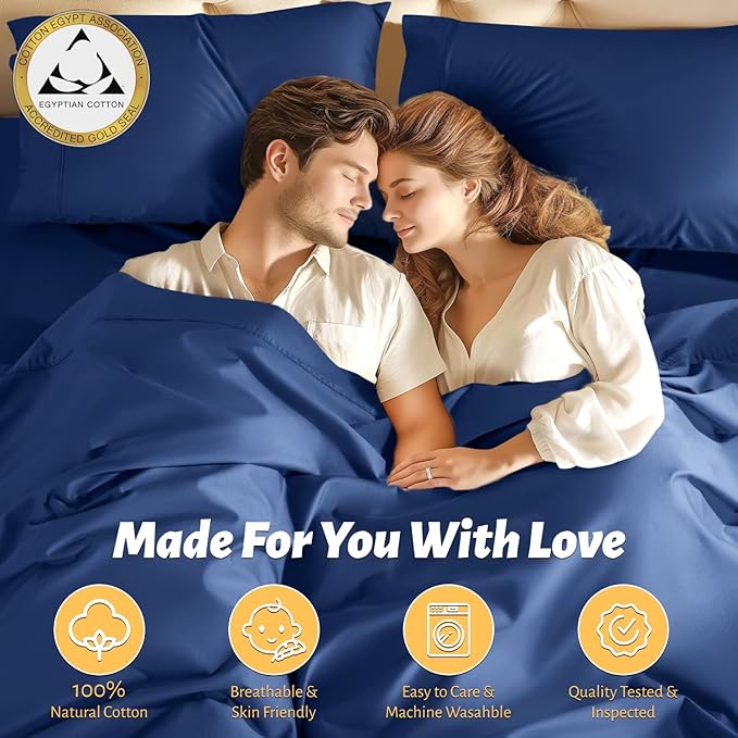 Shilucheng 100% Egyptian Cotton Sheets Set - 1000 Thread Count，Luxury Cotton Bed Sheets，Breathable & Cooling Bedding and Pillow Cases, 16 Inch Deep Pocket - 4 Piece (Navy Blue, Full)