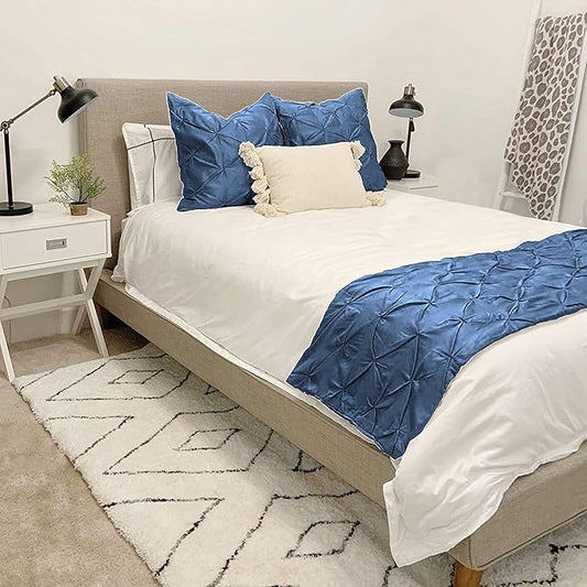 Bed Runner Set - 100% Pure Cotton 800 Thread Count - Luxury 1 Pinch Pleated Bed Runner and 4 Pillow Cover - 5 Piece Pinch Pleated Bed Runner Set King, Medium Blue