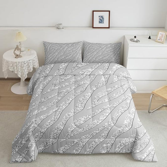 Feelyou Leopard Print Comforter Set Grey Silver Zebra Print Bedding Set Cheetah Glitter Comforter for Kids Boys Girls Women Africa Animal Fur Quilt Room Decor Duvet Set for All Season Twin Size Boys
