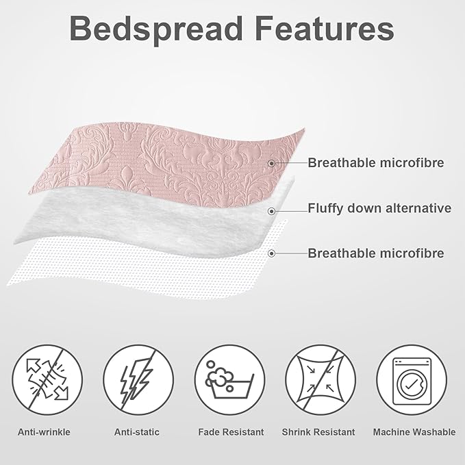 Hansleep Pink Quilt King Size - Damask Ultrasonic All Season Bedspread King, Soft Lightweight Coverlet Bedding Set, 3 Piece (1 Quilt, 2 Pillow Shams)