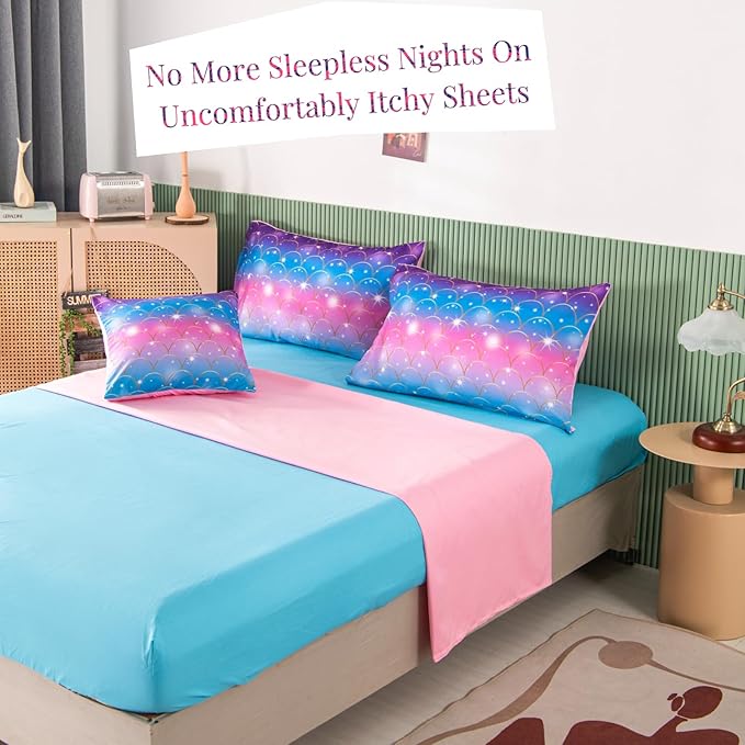 PERFEMET Blue Pink Mermaid Tail Girls Bedding Set, 6 Pcs Colorful Rainbow Queen Size Comforter Set with Sheets, Sparkle Glitter Tie Dye Teen Girl Bed in A Bag Kids Bed Sets