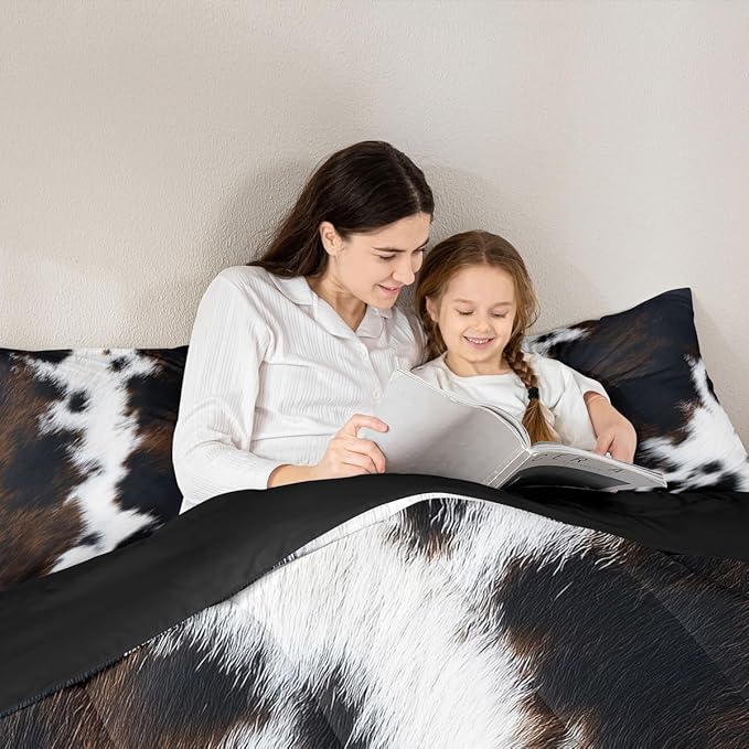 Brown Cowhide Comforter Set King,Black White Aztec Cow Print Bedding Set Western Farmhouse Animal Fur Down Comforter for Kids Boys Girls,Rustic Cowboy Quilt Duvet Set 2 Pillow Cases Bedroom Decor