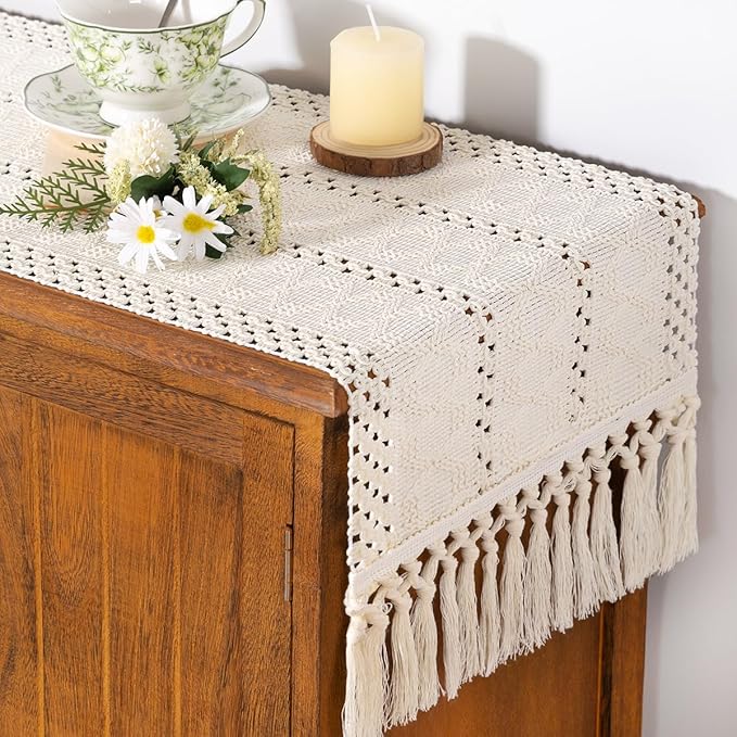 Socomi Boho Table Runner Macrame Long Easter Spring Farmhouse Woven Cotton Linen Rustic Coffee Table Runner with Tassels for Dresser Scarf Home Decor Dining Room 12x108 inch Cream Ivory