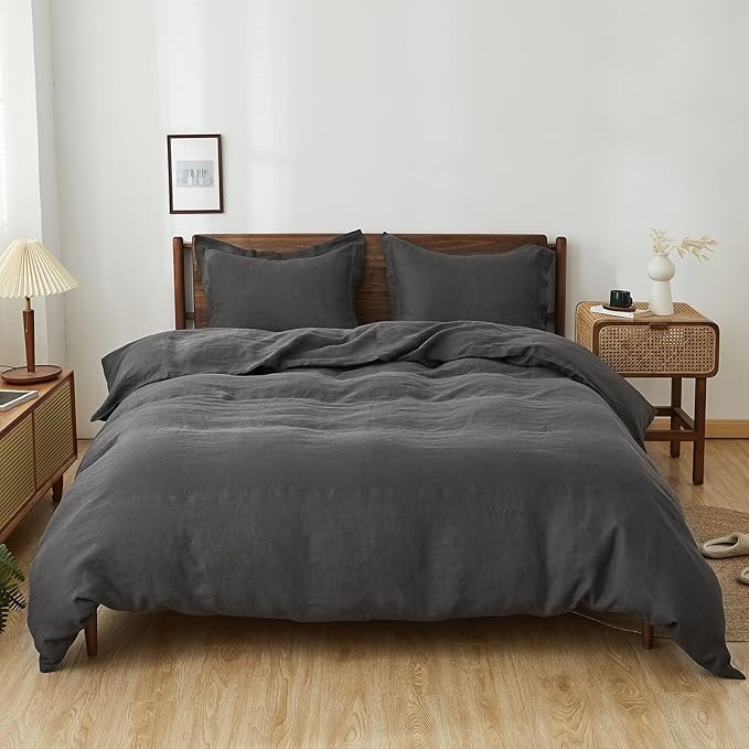 Simple&Opulence 100% Linen Duvet Cover Set, 3 PCS Natural French Flax Dark Grey Duvet Cover Full Size, Breathable Soft Comfy Linen Bedding Comforter Cover with 2 Pillowcases(Dark Grey, 78"x86")