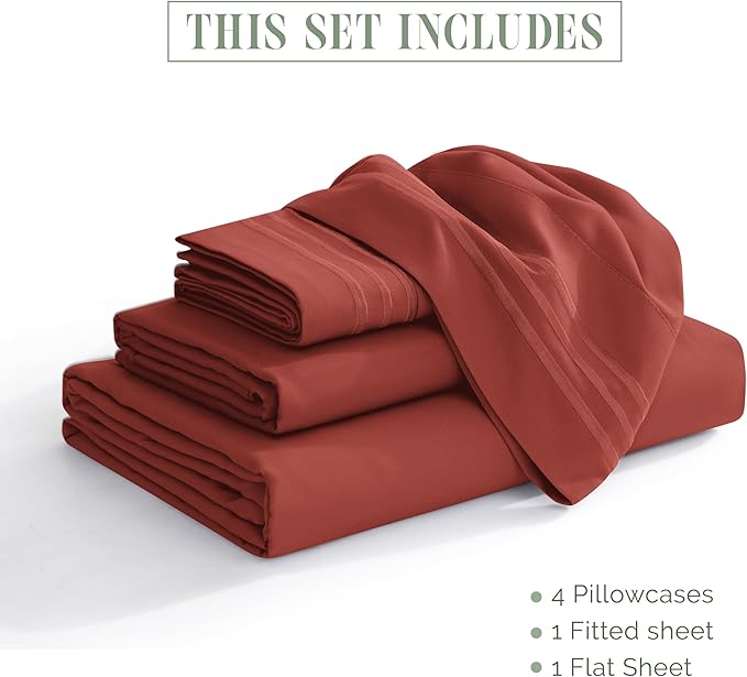 Elegant Comfort Luxurious 1500 Premium Hotel Quality Microfiber Three Line Embroidered Softest 4-Piece Bed Sheet Set, Wrinkle and Fade Resistant, Full, Rust