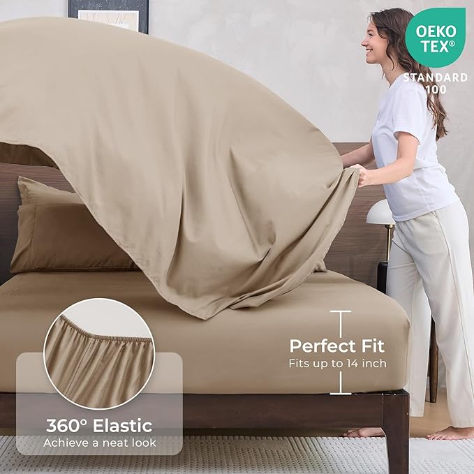 HEVUMYI Khaki Cali-King Comforter Set - 7-Piece All Season Bed in a Bag Cali-King, Ultra Soft Bedding Set with Comforter, Flat Sheet, Fitted Sheet, Pillowcases, Pillow Shams