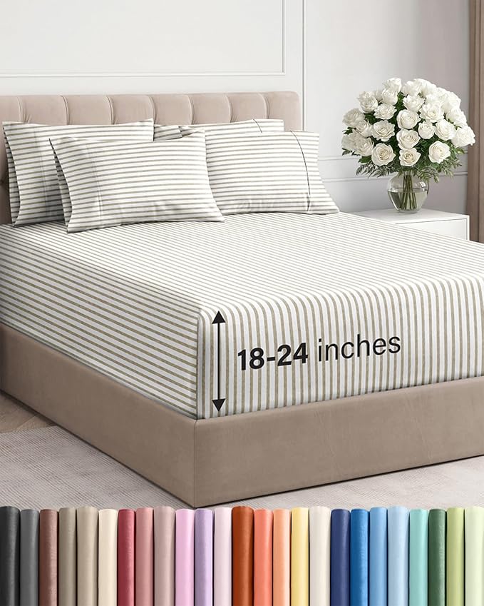 Extra Deep Full Sheet Set - 6 Piece Breathable and Cooling Sheets - Hotel Luxury Bedding for Women, Men, Kids & Teens - Easy Secure Fit - Soft and Wrinkle Free with Extra Deep Pockets - Beige Stripes