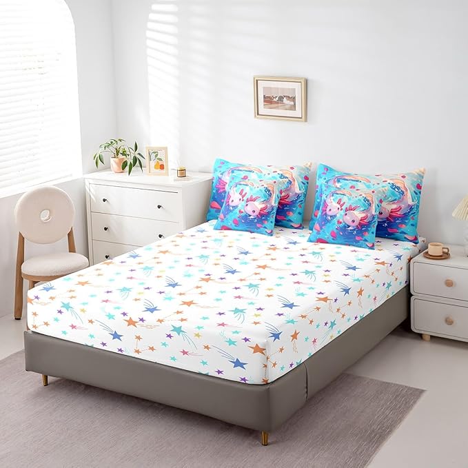 Feelyou Kids Cute Axolotl Bed in A Bag Twin Size, Ocean Sealife 7 Pieces Bedding Set Boys Girls Cartoon Animal Comforter Set with Sheets Kawaii Teens Bed Set Bedroom Decor 7Pcs