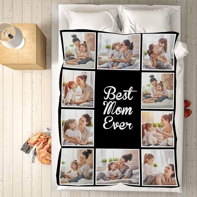 Photo Blankets Customize, 10 Photos Customize Blanket Mom Birthday Gifts from Daughter Son, Personalized Mom Daughter Pictures Blankets, 8 Sizes