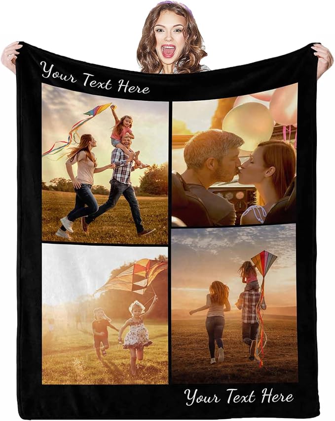 Personalized Photo Blanket, 4 Photos Custom Blankets Photo Blankets Customize for Mom Grandma Wife Women from Daughter Son Husband, 8 Sizes