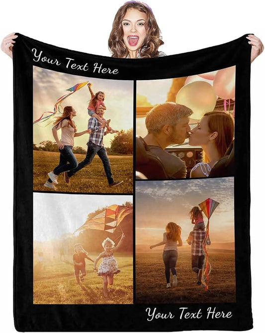 Personalized Photo Blanket, 4 Photos Custom Blankets Photo Blankets Customize for Mom Grandma Wife Women from Daughter Son Husband, 8 Sizes