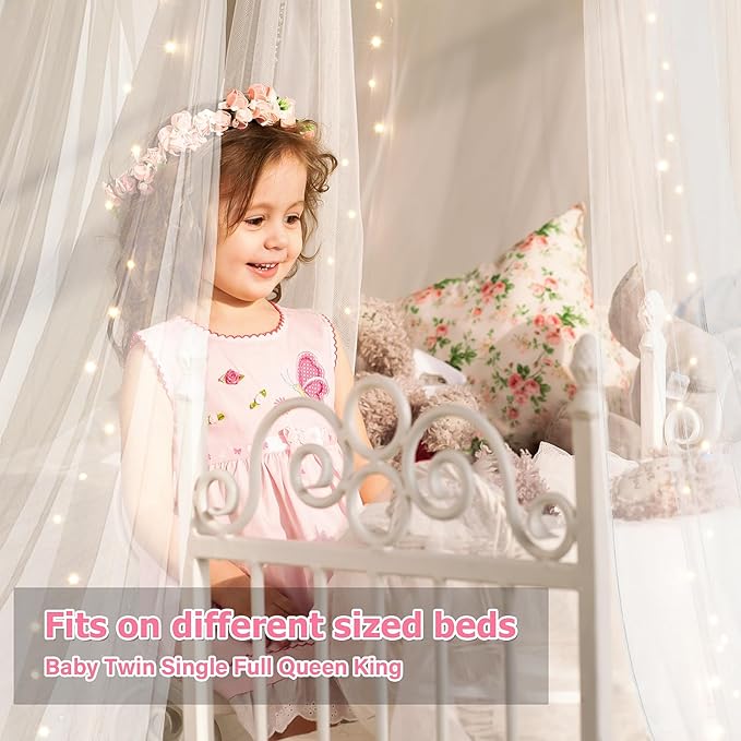 Bed Canopy with Lights, Bed Canopy for Girls Princess with Luminous Stars, Canopy Bed Curtains for Twin Size Bed, Baby Kids Adult Indoor Decor Bedroom Reading Nook Outdoor Camping, White