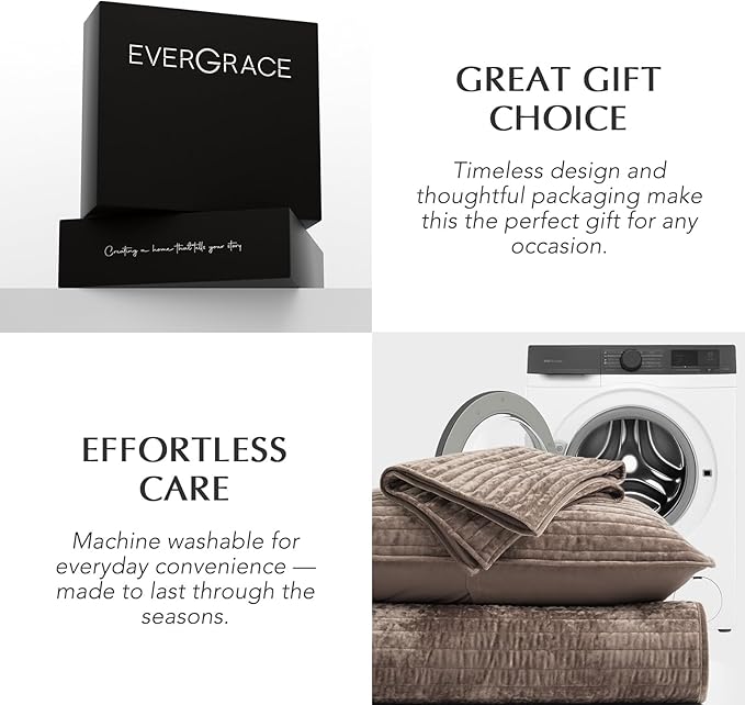EVERGRACE Velvet Quilt Set Queen Size, Luxurious Soft Striped Channel Bedding Set, Lightweight Velvet Comforter for All Season, Oversized Bedspread Coverlet with 2 Matching Shams, Mocha Brown