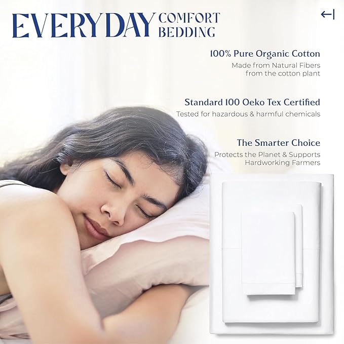Mayfair Linen 100% Organic Cotton Percale Sheets King Size Pack or 2 - Soft & Crisp Organic Cotton Sheets King Size (8 PC, White), Fully Elasticized Eco Friendly Naturally Cooling Percale Sheet Set