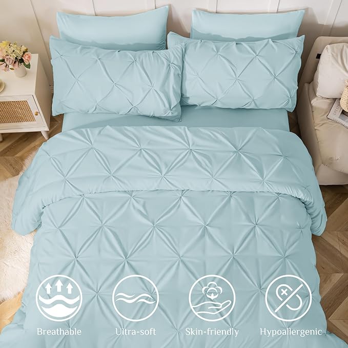 JOLLYVOGUE Queen Comforter Set 7 Pieces - Bed in a Bag Queen for All Season, Pintuck Bedding Comforter Sets with Comforter, Flat Sheet, Fitted Sheet and Pillowcases & Shams, Light Blue