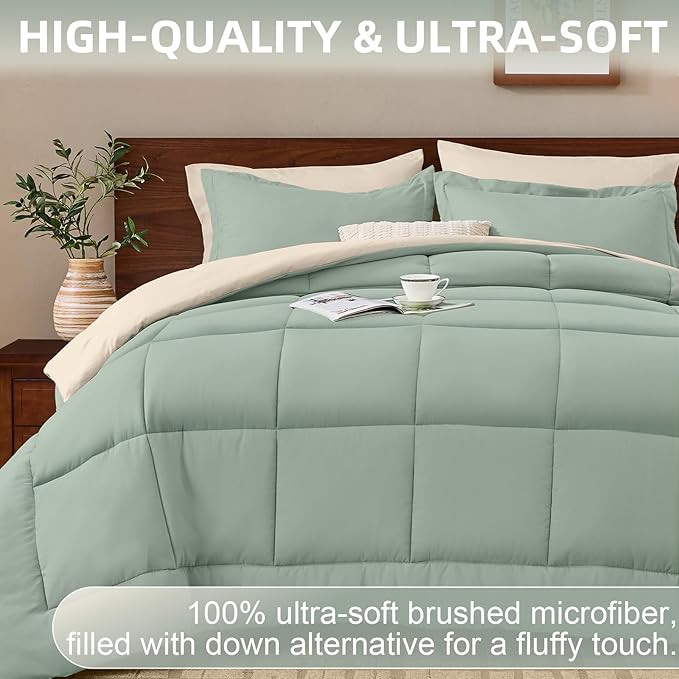 FUANNA King Size Comforter Set 7 Pieces, Reversible Bedding Sets with All Season Soft Comforter, Bed in a Bag Includes Comforter, Flat Sheet, Fitted Sheet, Pillowcases & Shams, Sage Green & Beige