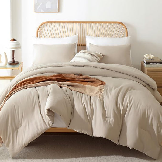 ROSGONIA Oversized King Comforter 128x120, 3pcs Super King Plus Comforter Set (1 Light Khaki Comforter & 2 Pillowcases) Lightweight Oversized King Bedding Set Quilt