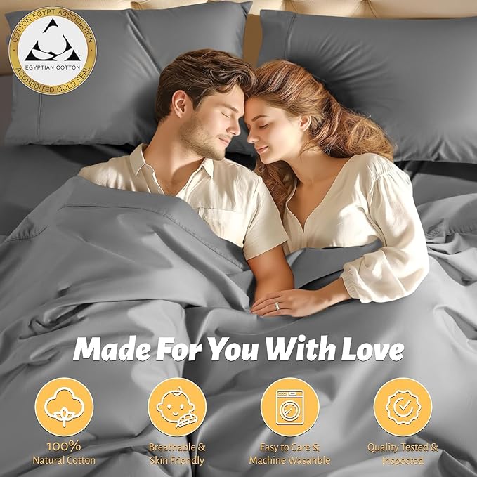 Shilucheng 100% Egyptian Cotton King Size Sheets Set - 1000 Thread Count，Luxury Cotton Bed Sheets，Breathable & Cooling Bedding and Pillow Cases, 16 Inch Deep Pocket - 6 Piece (King, Grey)