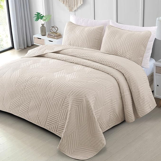 Exclusivo Mezcla Ultrasonic Twin Quilt Bedding Set, Lightweight Brich Beige Bedspreads Soft Modern Geometric Coverlet Set for All Seasons (1 Quilt and 1 Pillow Sham)