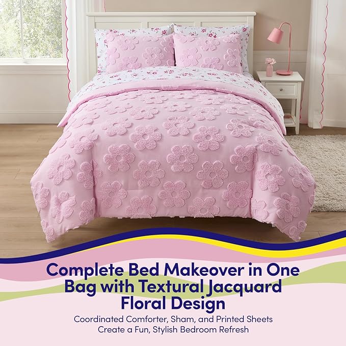 Kids Full Size Bed in a Bag Tufted Comforter & Sheet Set – Complete Bedding Set with Corner Strap Fitted Sheet, Ultra Soft Lightweight All Season Comforter, Girls Bedroom, Dorm, Guest Room