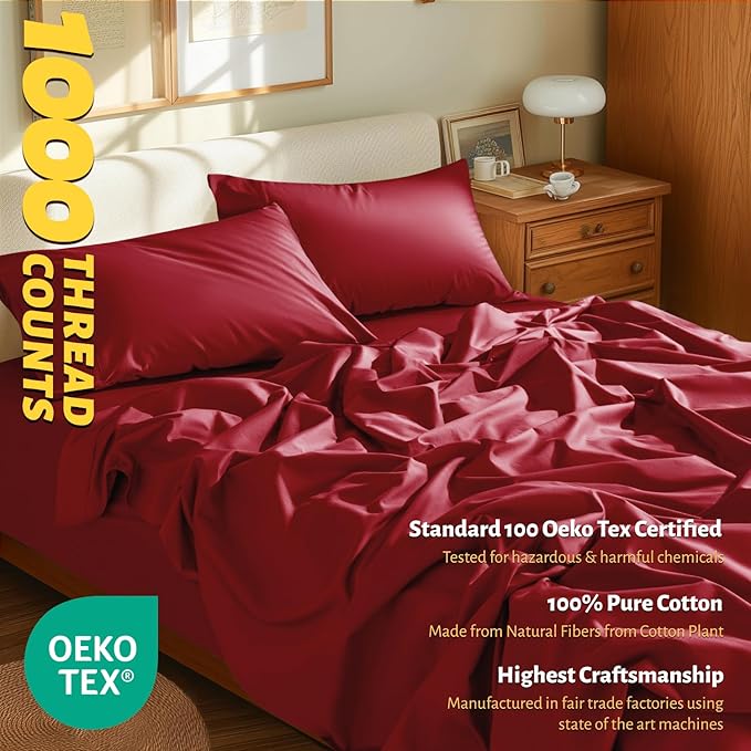 Shilucheng 100% Egyptian Cotton Sheets Set，Luxury Cotton Bed Sheets，Breathable Bedding and Pillow Cases, 16 Inch Deep Pocket - 4 Piece (Burgundy, King)