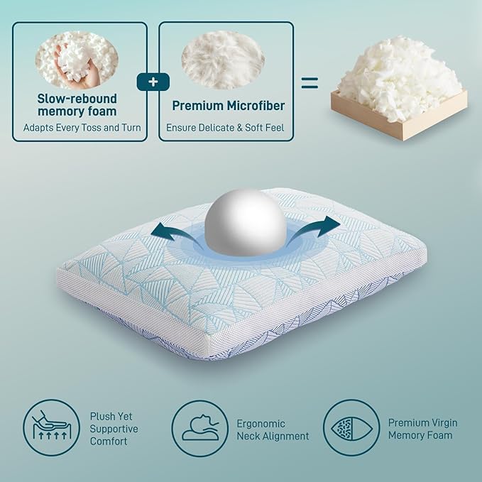 Shredded Memory Foam Cooling Soft Bamboo Viscose Pillows Adjustable Hypoallergenic Hotel Quality Pillows for Stomach, Back or Side Sleeper, Oeko-TEX Certified Queen Size Set of 2