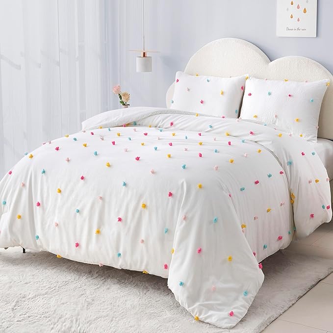 Full Size Kids Comforter Set Colorful Tufted Pom Pom Bedding Set for Girls 3 Piece White Boho Jacquard Quilt Bed in A Bag Lightweight Duvet Bed Set for Kids Teen Girls Bedroom Decor with 2 Pillowcase | Colorful Tufted Dots, Full Comforter Set, Kids Com...