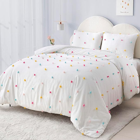 Full Size Kids Comforter Set Colorful Tufted Pom Pom Bedding Set for Girls 3 Piece White Boho Jacquard Quilt Bed in A Bag Lightweight Duvet Bed Set for Kids Teen Girls Bedroom Decor with 2 Pillowcase | Colorful Tufted Dots, Full Comforter Set, Kids Com...