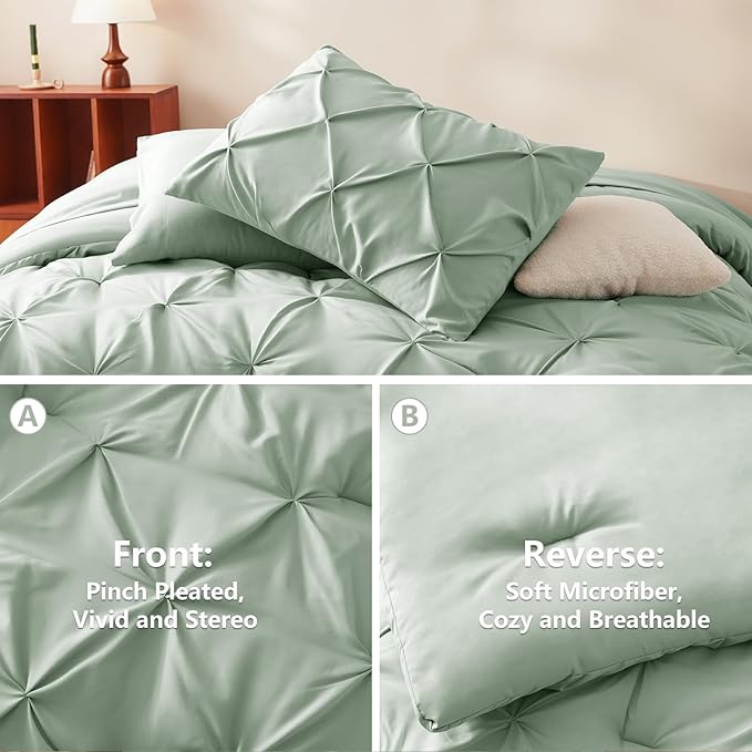 King Comforter Set 7 Pieces Bed in A Bag Sage Green Luxury Soft King Size Bed Set Pintuck Pinch Pleat Bedding Sets with Comforter, Flat Sheet, Fitted Sheet and Pillowcases & Shams