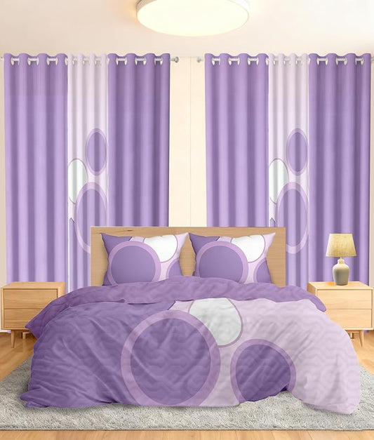 Comforter Sets with Matching Curtains, 1 Bedspread (86"x86") 2 Pillowcases 2 Print 4 Solid Curtains, Purple Dot Microfiber Queen Bed Cover Set, Soft & Wrinkle-Resistant