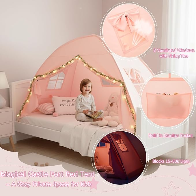 Akiky Bed Tent Bed Canopy Twin Size with Bottom,Kids Tent Indoor Floor Bed with Mushroom Lights Portable Foldable Bunk Bed Curtains for Girls Boys(Pink,Twin)