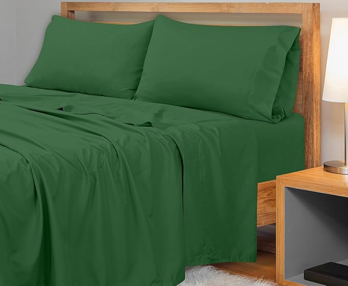 Royale Linens 300 Thread Count 100% Long Staple Combed Cotton Flat Sheet - Super Soft- Top Sheets -Queen Flat Sheet Sold Separately- Breathable, Cool & Crisp Percale Sheets Only (Queen, Hunter Green)