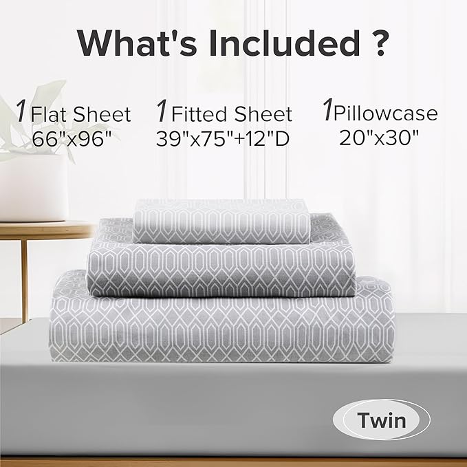 Comfort Spaces 100% Cotton Sheet Set Breathable, Lightweight, Soft with 12" Elastic Pocket Fits up to 14" Mattress, All Season Cozy Bedding, Matching Pillow Case, Twin Diamond Taupe 3 Piece